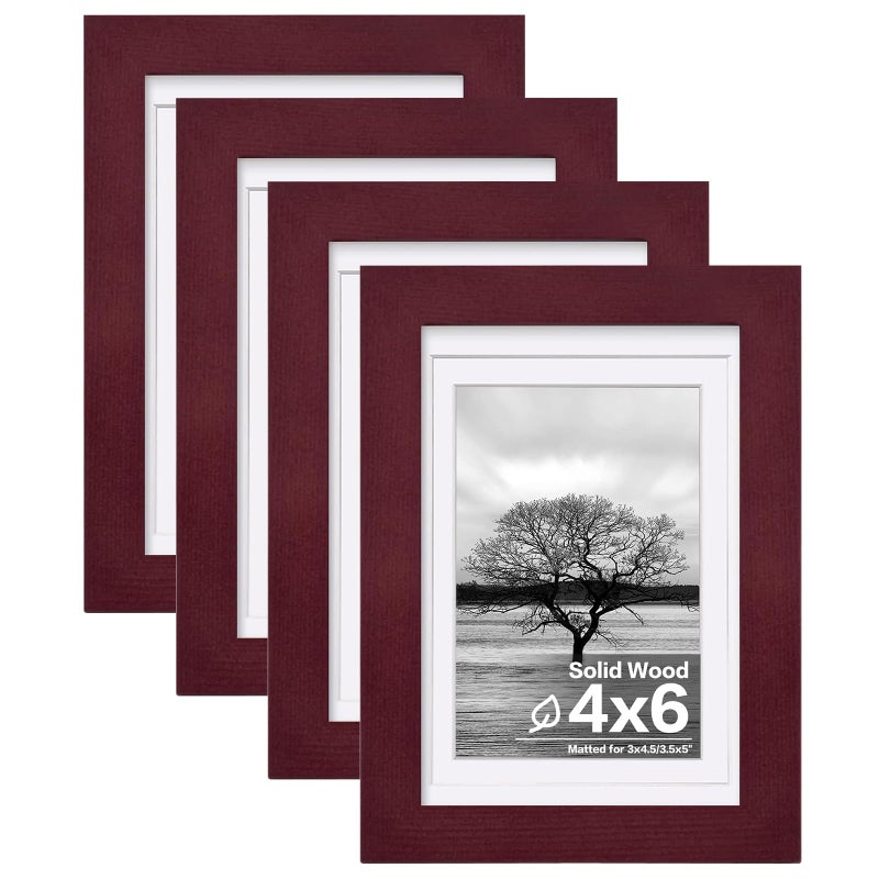 Egofine 5x7 Picture Frames 4 Pack Covered by Plexiglass for Picture 4x6 with Mat or 5x7 whitout Mat Made of Solid Wood for Table Top Display and Wall Mounting Photo Frame, Cherry Red - Image 1